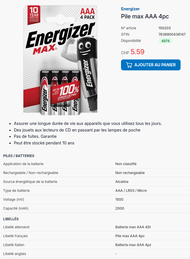 Copie écran du détail d'un produit