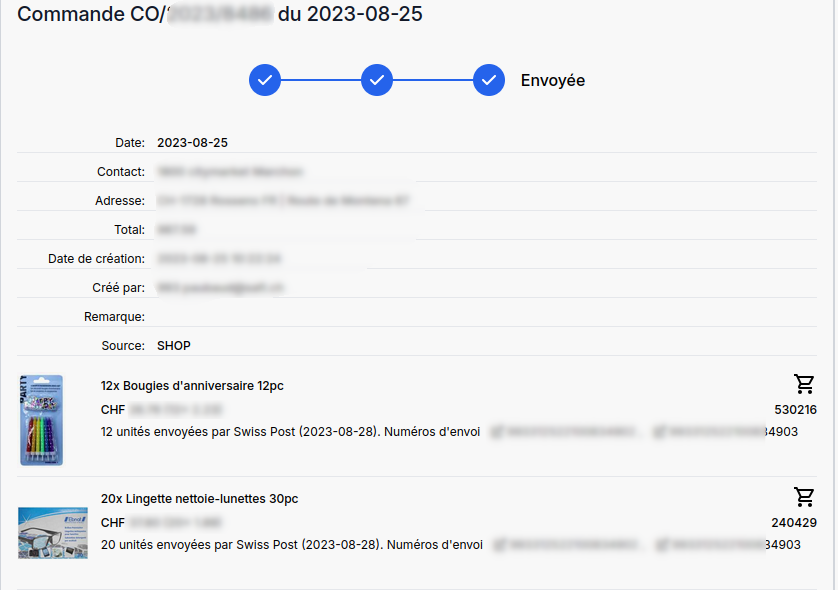 Copie écran du suivi d'une commande sur citymarket.ch